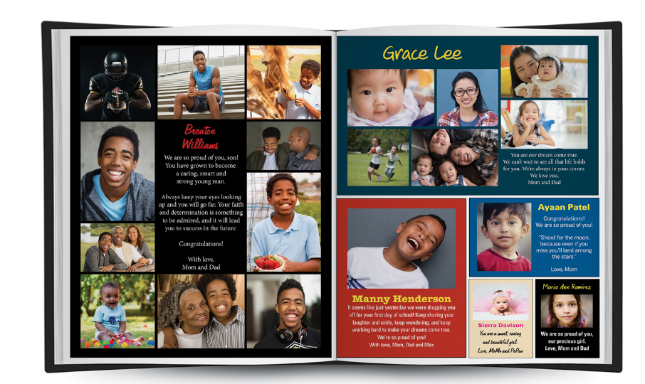 image shows mockup of yearbook page with examples of congratulatory text, where parents express their pride and congratulate their children. 